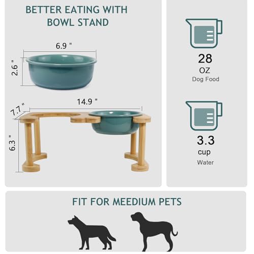Ceramic Elevated Dog Bowls, Raised Pet Food and Water Bowl Set, Dark Green - view 5