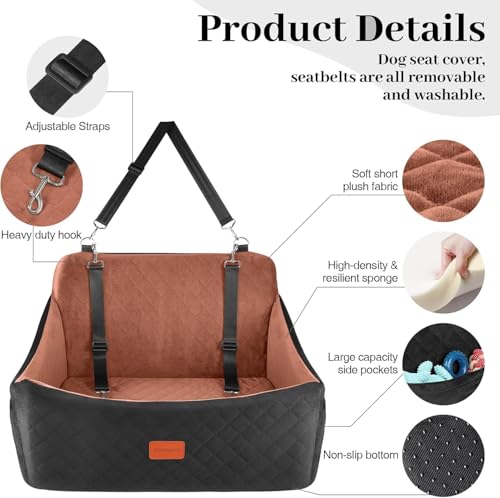 Dog Car Seat for Medium & Large Dogs Up to 55lbs, Memory Foam Cushion, Washable Cover, Safety Straps & Non-Slip Bottom(Black/Brown,Large) - view 2
