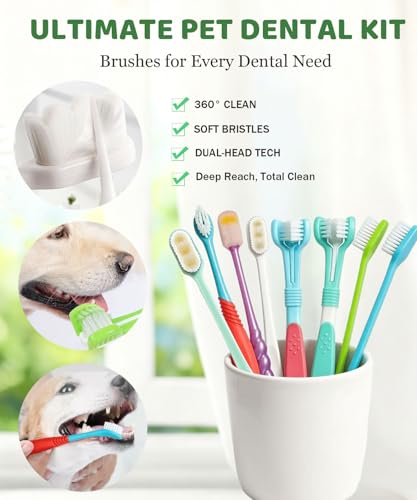 Pet Toothbrush Set for Medium Large Dogs, Extra Long Double-Ended Dog Toothbrush with 360° Brush, Soft Bristle Dental Care Kit with Finger Brushes, Pet Teeth Cleaning Supplies 10 Pack (Multicolor) - view 7