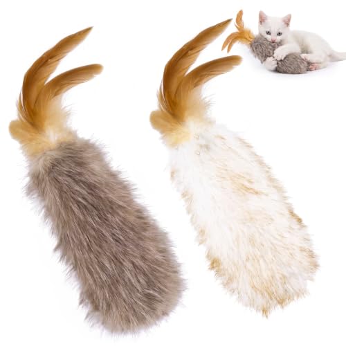 Plush Cat Toy Migi-Fluffy, 2-Pack, Natural Feather & Catnip, Soft Fluffy Tail & Interactive Hanging Ring for Wand Attachment, Durable Bite-Resistant Kitten Teaser for Indoor Play