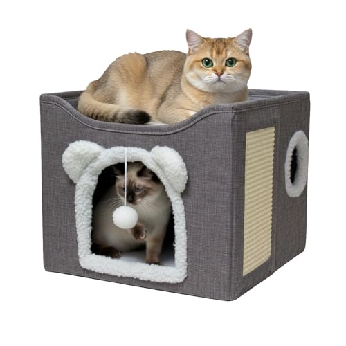 Cat Houses for Indoor Cats, Large Cats Bed Cave, Kitten Cube Box,Cat Condo with Scratching Pad, Hanging Fluffy Ball & Peekaboo Window, Foldable Hideaway Hand-Washable(16x16x13.3 Inches,Grey)