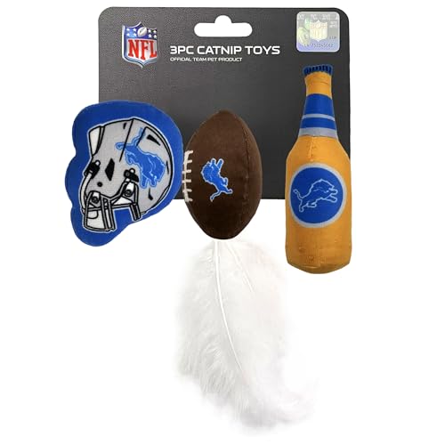 Best Plush CAT Toy - NFL Detroit Lions Complete Set of 3 piece Cat Toys Filled with Fresh Catnip. Includes: 1 Helmet Cat Toy, 1 Football Cat Toy with Feathers & 1 Beer Bottle. Beautiful Team Logos