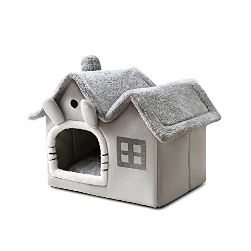 Cat Cave Bed, Warm and Cosy Plush Cat Igloo, Washable Dog Bed with Removable Pillow Cushion, Improve Sleep, Foldable Cat House(L, Grey)