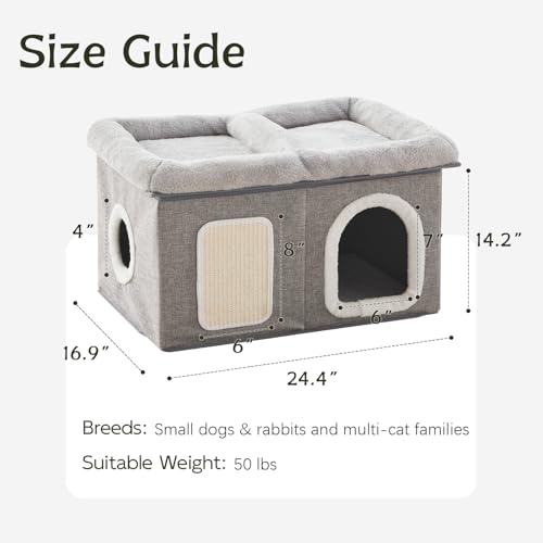 Cat House for Indoor Cats - 24.4" W Extra Wide Cat Bed Cave for Double Small Cats and Foldable with Scratch Pad, Cat Hideaway Condo for Kitten, 24.4x16.9x14.2 Inches, Light Grey - view 4