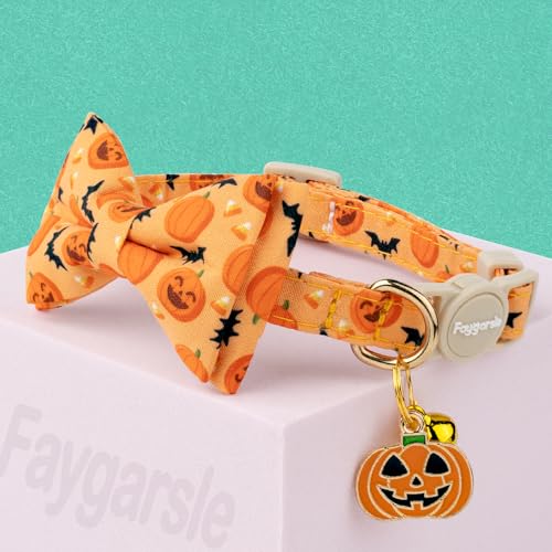 2 Pack Halloween Cat Collar with Bow Tie and Bell, Breakaway Safety Buckle, Purple Skull Bat and Orange Pumpkin Pattern - view 4