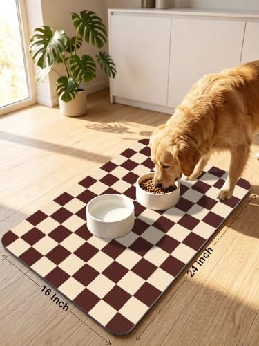 Dog Food Mat, Absorbent Pet Feeding Mat, 16" x 24", Brown Checkered - view 2