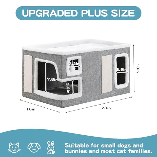Large Cat Houses for Indoor Cats, Extra Wide Cat Cave Bed with Scratch Pad and Fluffy Ball, Foldable Cat Hideaway Condo for Large Cats, Modern Kitten Bed,23x16x13 inches (Grey, X-Large) - view 4