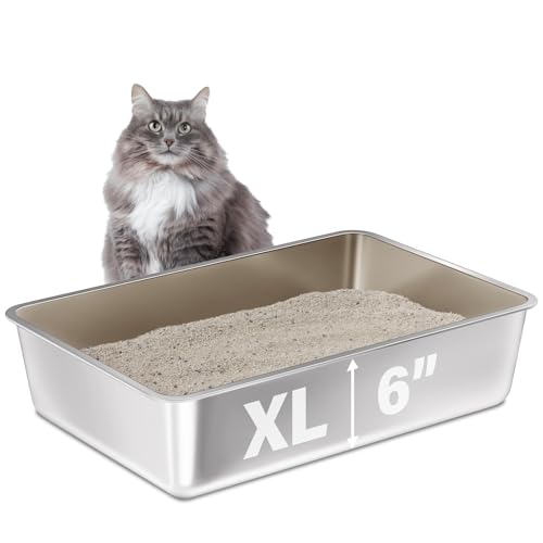 Stainless Steel Litter Box, 23.6“x15.7"x6" Deep Stainless Steel Cat Litter Box Extra Large, XL Metal Litterbox for Big Cats with High Sides, Non Stick Surface, Easy to Clean