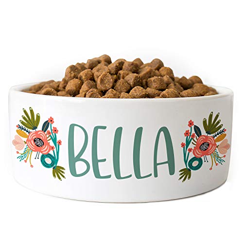Personalized Dog Bowl w/Name, Ceramic Bowl for Dogs and Cats, 2 Sizes for Small and Large Dogs - Pet Dish for Dry or Wet Food and Water, Custom Pet Food Bowl | Flowers, 7 inches
