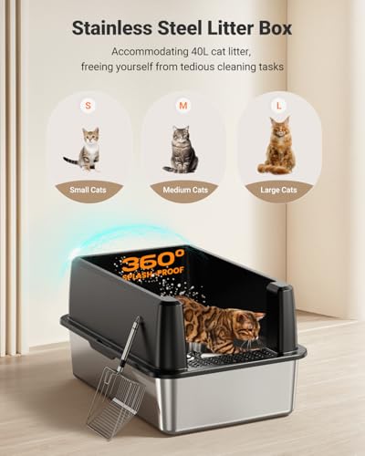 XL Stainless Steel Litter Box, Large Metal Cat Litter Box with High Sided for Big Cats, Enclosed Litter Boxes with Lid, Easy-Clean Cat Litter Mat & Scoop Kit, Anti-Urine Leakage (Black) - view 2