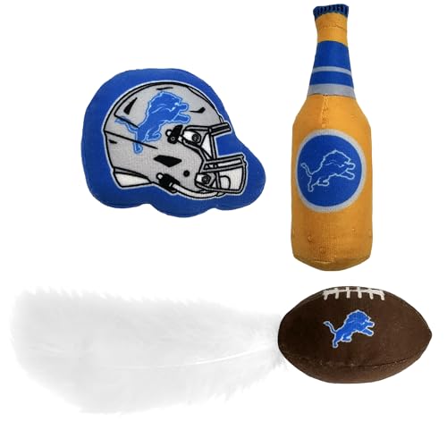 Best Plush CAT Toy - NFL Detroit Lions Complete Set of 3 piece Cat Toys Filled with Fresh Catnip. Includes: 1 Helmet Cat Toy, 1 Football Cat Toy with Feathers & 1 Beer Bottle. Beautiful Team Logos - view 5