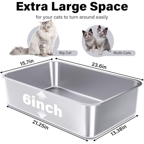 Stainless Steel Litter Box, 23.6“x15.7"x6" Deep Stainless Steel Cat Litter Box Extra Large, XL Metal Litterbox for Big Cats with High Sides, Non Stick Surface, Easy to Clean - view 3