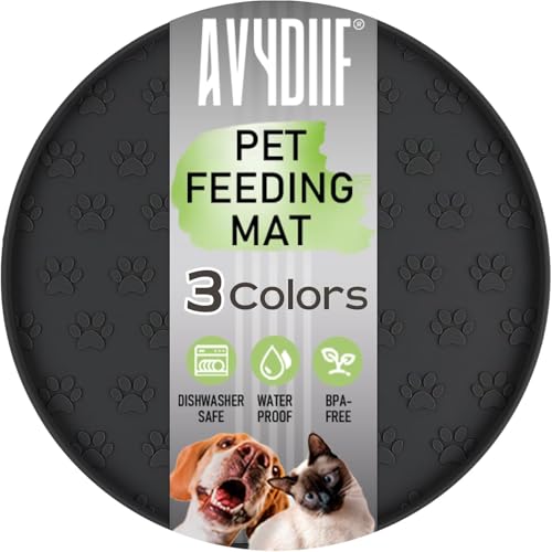 Pet Feeding Mat, Waterproof Anti-Slip Placemats for Dog Cat Bowl Silicone Pet Food Mat, Raised Edge Prevent Spills on Floor & Carpet, Dishwasher Safe (1 Black, 10.9" L x 10.9" W)