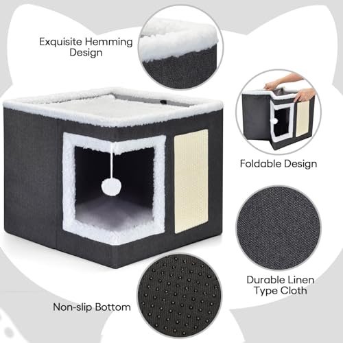 Cat Bed for Indoor Cats, Large Covered Cat House with Scratch Pad, Foldable Cat Cave Bed & Hideaway Cube with Reversible Cushions, Cute Cat Condo for Multi Small Pet Kitten (Dark Grey) - view 2