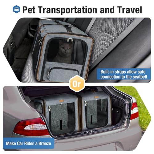 Extra Large Cat Carrier for 2 Cats, 2-in-1 Cat Travel Carrier with Litter Box, (20.85" x2) x19.7"x19.7" Pet Carrier with Zipper Locks for Moving Across The Country (No Hammock) - Grey - view 5