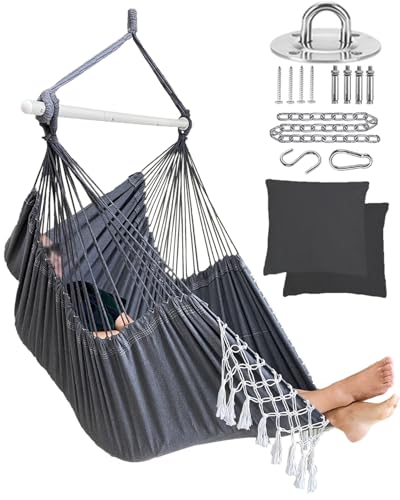 Hammock Chair Hanging Chair Swing Chair XXL Large Macrame Swing Indoor Hammock for Bedroom - Max 500 Lbs - 2 Cushions & All Hanging Kit Included
