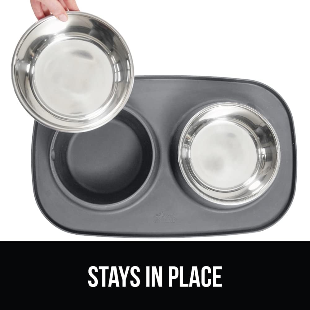 Dog bowl set with slip resistant silicone feeding mat, food grade 304 stainless steel bowls, BPA free, high edge spill containment, dishwasher safe, finger notch removal, 1 cup, gray - view 4