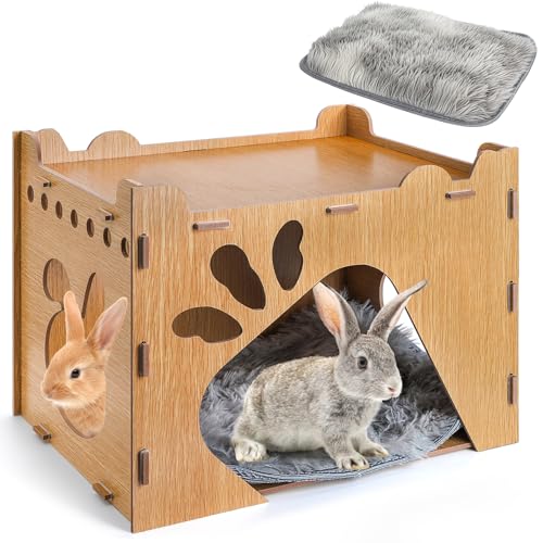 Rabbit Hideout Castle, Large Wooden Bunny Houses and Hideouts with Pet Pad, Detachable Small Animal Play Hideaway Hut and Playhouse for Indoor Bunnies Guinea Pig Hamster Chinchilla Gerbi