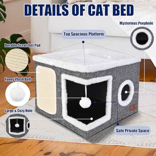 Cat Beds for Indoor Cats, Large Cat Cave Bed with Scratch Pad and Fluffy Ball, Foldable Cat Hideaway, Cat House with Reversible Cushion for Multi Small Pet Up to 30LBS, Grey - view 4