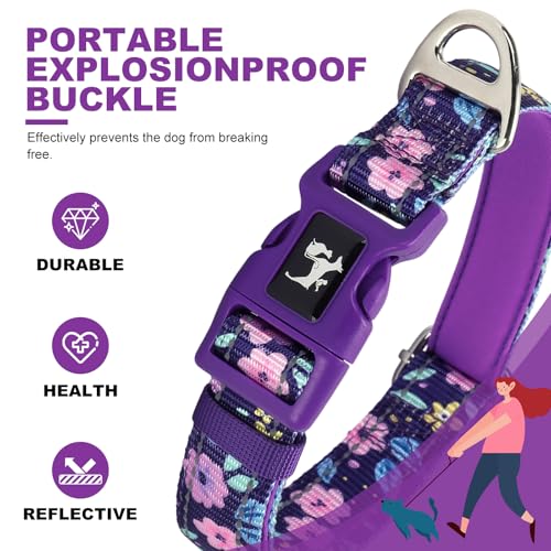 Reflective Dog Collar for Medium Dogs-Purple Floral Collar with Padded-M - view 5