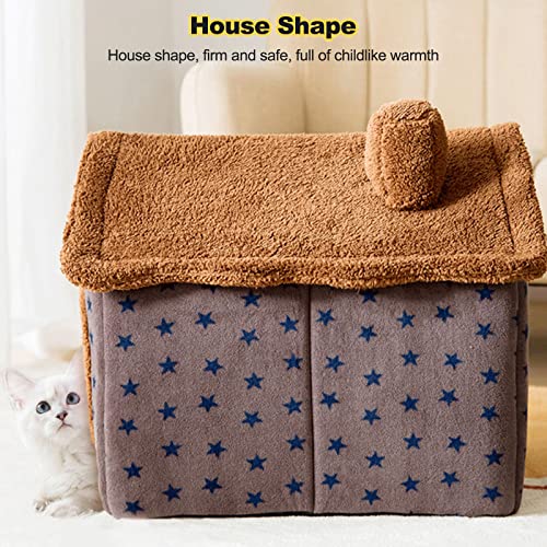 Cat Cave Bed, Washable Dog Bed, Warm and Cosy Plush Cat Igloo, Foldable Comfortable Pet Cat House, Pet Bed with Nonskid Bottom(M, Brown Stars) - view 3