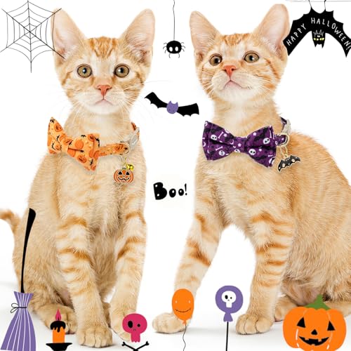 2 Pack Halloween Cat Collar with Bow Tie and Bell, Breakaway Safety Buckle, Purple Skull Bat and Orange Pumpkin Pattern - view 6