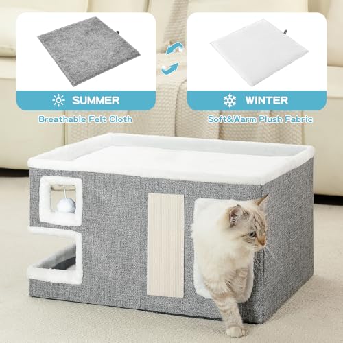 Large Cat Houses for Indoor Cats, Extra Wide Cat Cave Bed with Scratch Pad and Fluffy Ball, Foldable Cat Hideaway Condo for Large Cats, Modern Kitten Bed,23x16x13 inches (Grey, X-Large) - view 3