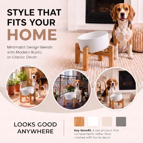 Elevated Ceramic Dog Bowl 15°Slanted Raised Dog Bowl with Bamboo Stand for Small Medium Dogs and Cats, Pet Feeder -3.6-Cup (850ml)-White - view 2