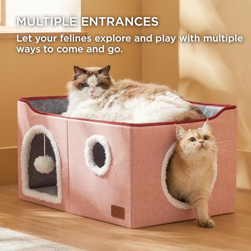 Extra Wide Cat House Bed with Fluffy Ball and Scratch Pad,Pink - view 2