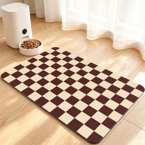 Dog Food Mat, Absorbent Pet Feeding Mat, 16" x 24", Brown Checkered