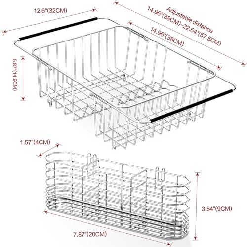 Large Dish Drainer Rack in Sink Adjustable, Expandable 304 Stainless Steel Metal Dish Drying Rack Organizer with Stainless Steel Utensil Holder Over Inside Sink Counter, Rustproof - view 2