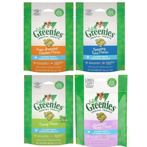 (4 Pack Feline Dental Cat Treat Variety Bundle 4 Flavors - 2.1oz Each Bag