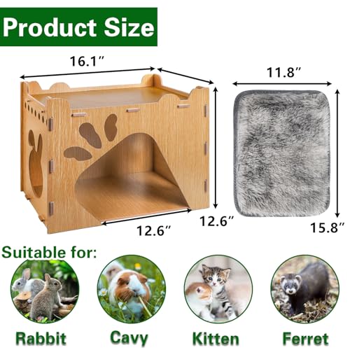 Rabbit Hideout Castle, Large Wooden Bunny Houses and Hideouts with Pet Pad, Detachable Small Animal Play Hideaway Hut and Playhouse for Indoor Bunnies Guinea Pig Hamster Chinchilla Gerbi - view 2