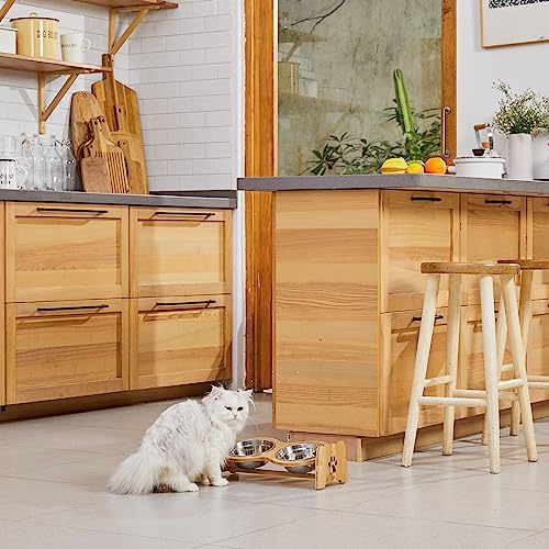 Elevated Dog Bowls for Cats and Dogs, Adjustable Bamboo Raised Dog Bowls for Small Dog, Food and Water Set Stand Feeder with 2 Stainless Steel Bowls and Anti Slip Feet (Height 4" to 4.5") - view 5