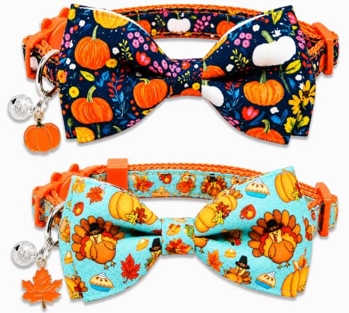 2 Pack Thanksgiving Cat Collars with Bow Ties & Charms, Cute Turkey Pumpkin Fall Breakaway Collars with Bells for Boy Girl Kitties & Kittens