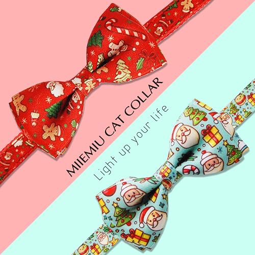 2 Pack Christmas Cat Collar with Bow Tie, Santa & Gingerbread Holiday Design, Adjustable Breakaway Collar with Bell for Kitties and Kittens - view 2
