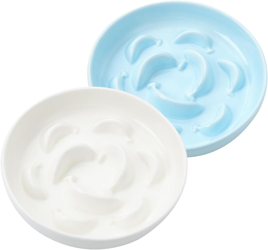 2 pcs ceramic cat slow feeder bowl set, 6.3" wide, slow eating 5X | whisker friendly shallow slow feeding cat dishes, anti-vomit, for dry and wet food, microwave and dishwasher safe, white blue