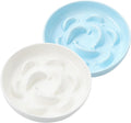 2 pcs ceramic cat slow feeder bowl set, 6.3" wide, slow eating 5X | whisker friendly shallow slow feeding cat dishes, anti-vomit, for dry and wet food, microwave and dishwasher safe, white blue