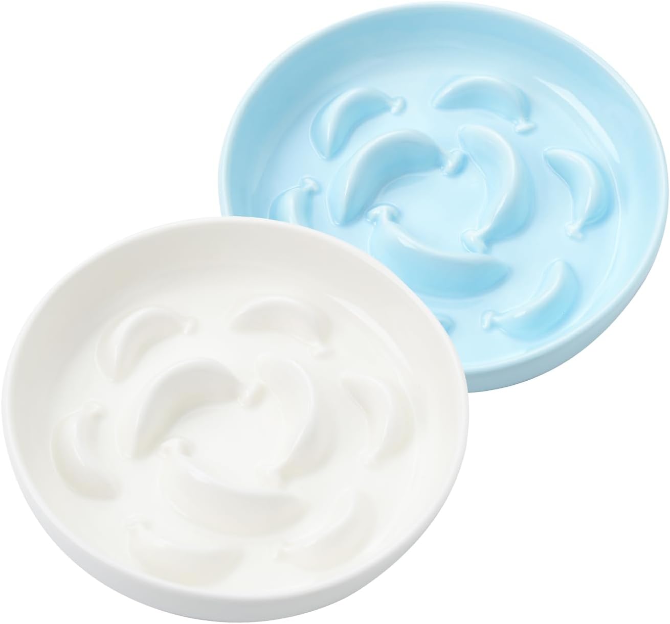 2 pcs ceramic cat slow feeder bowl set, 6.3" wide, slow eating 5X | whisker friendly shallow slow feeding cat dishes, anti-vomit, for dry and wet food, microwave and dishwasher safe, white blue
