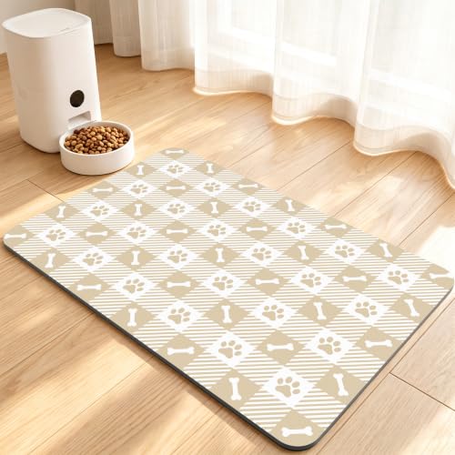 Dog Food Mat, Absorbent Pet Feeding Mat, 12" x 19", Beige Dog Paws