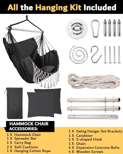 Hammock Chair Hanging Chair Swing Chair XXL Large Macrame Swing Indoor Hammock for Bedroom - Max 500 Lbs - 2 Cushions & All Hanging Kit Included - view 6