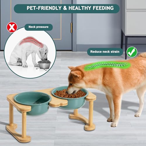 Ceramic Elevated Dog Bowls, Raised Pet Food and Water Bowl Set, Dark Green - view 2