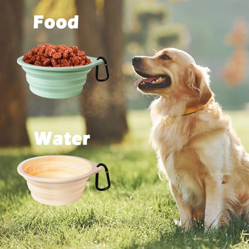 2-Pack Large Silicone Collapsible Dog Bowls, 34oz/1000ml BPA Free Portable Foldable Travel Bowl for Pet Cat, Food Water Feeding Dish for Camping with 2 Carabiners (Light Mint, Beige Cream) - view 4
