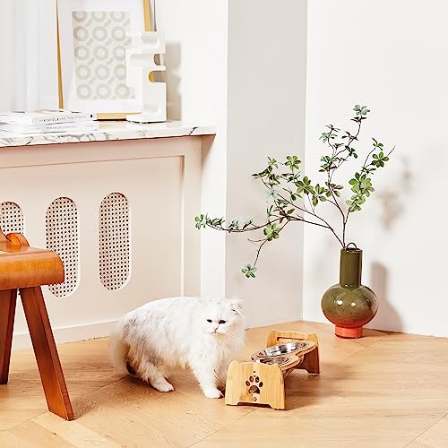 Elevated Dog Bowls for Cats and Dogs, Adjustable Bamboo Raised Dog Bowls for Small Dog, Food and Water Set Stand Feeder with 2 Stainless Steel Bowls and Anti Slip Feet (Height 4" to 4.5") - view 6