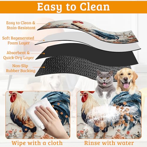 Dog Bowl Mat,Chicken Painting Pet Feeding Mat for Floors Waterproof,Flowers Absorbent Dogs Placemat for Food and Water Quick Dry Pet Cat Feeding Mats with Non Slip Bottom 16" x 24" - view 5