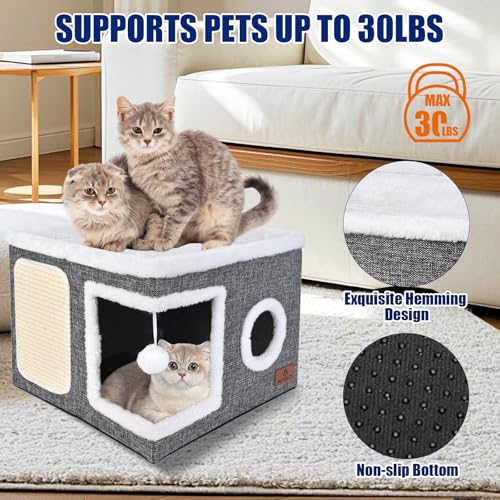 Cat Beds for Indoor Cats, Large Cat Cave Bed with Scratch Pad and Fluffy Ball, Foldable Cat Hideaway, Cat House with Reversible Cushion for Multi Small Pet Up to 30LBS, Grey - view 3