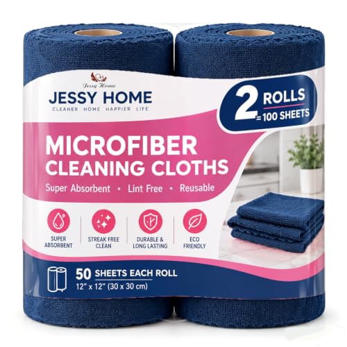 2 Roll Reusable Paper Towels,100 Sheets Tear Away Microfiber Cleaning Cloth, Lint Free Cleaning Rags for Kitchen, Dishcloth,Household Cleaning Supplies
