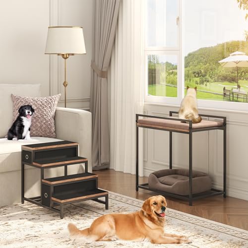 Pet Bunk Bed with Removable Stairs and 2 Drawers, Dogs/Cats Window Perch, Dog Window Seat with Soft Cushion, Ultra-Shallow Steps, Sturdy Metal Frame, Non-Slip, Load Capacity 60 LBS, Brown - view 4