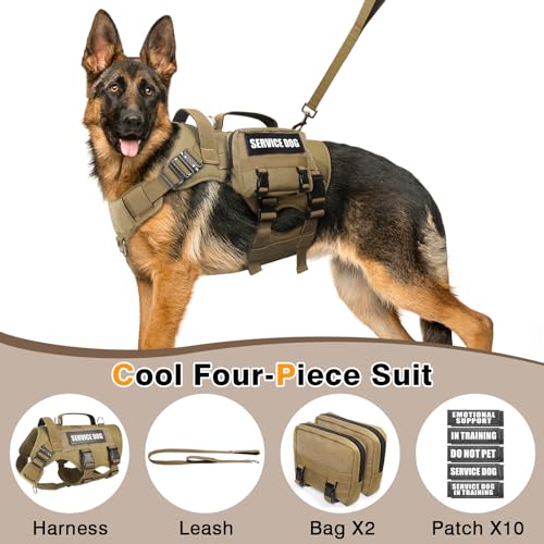 Tactical Dog Harness with Dog Leash, Service Working MOLLE Vest with 10 Pet Patches for Medium Dog, No Pull Military Harness and Backpack for Training Hunting Walking - view 2