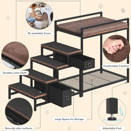 Pet Bunk Bed with Removable Stairs and 2 Drawers, Dogs/Cats Window Perch, Dog Window Seat with Soft Cushion, Ultra-Shallow Steps, Sturdy Metal Frame, Non-Slip, Load Capacity 60 LBS, Brown - view 5